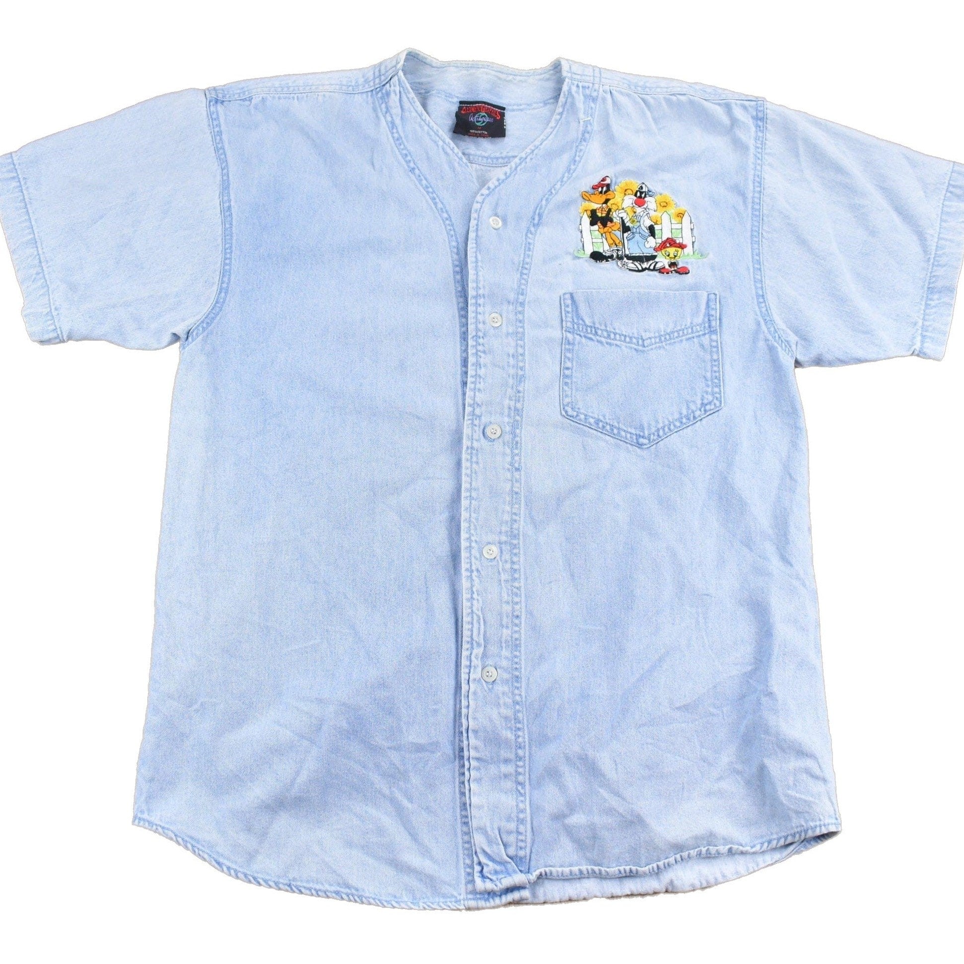 Vintage 1990s Looney Tunes Embroidered Button Up Denim Shirt Men's Medium from propervintagecanada
