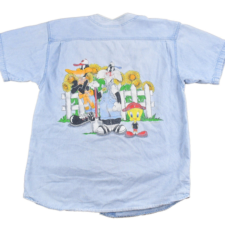Vintage 1990s Looney Tunes Embroidered Button Up Denim Shirt Men's Medium from propervintagecanada