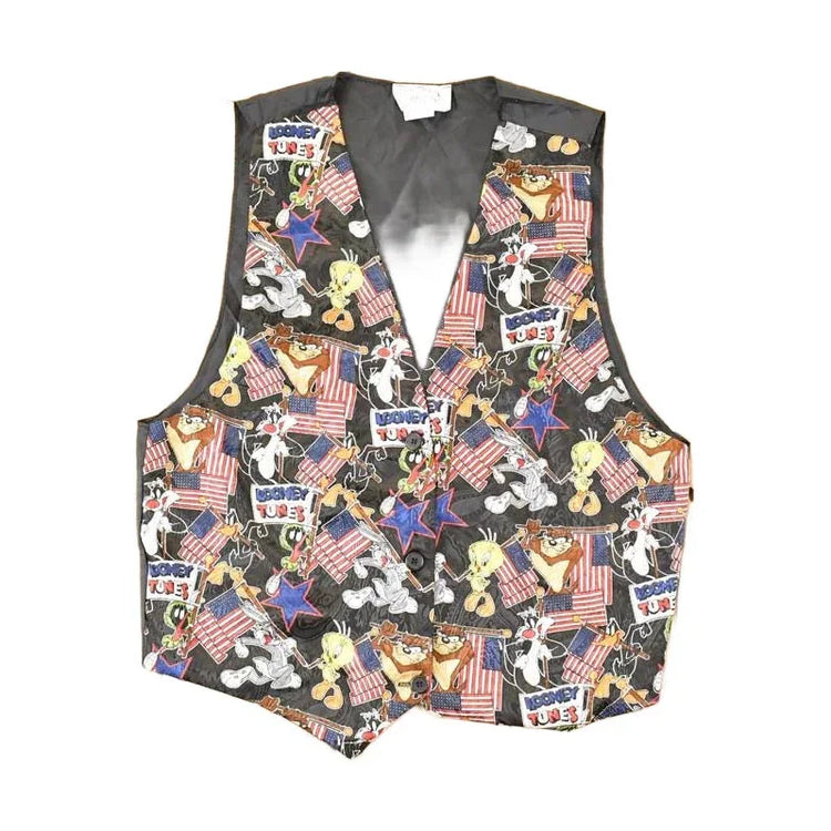 Vintage 1990s Looney Tunes Gang Abstract Warner Bros Button Up Vest Men's M / Funky Crazy Pattern / Preppy Style / Boxy Fit from propervintagecanada