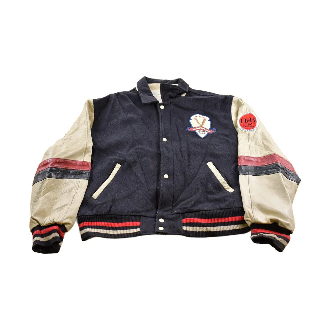 Vintage 1990s Louisville Slugger Baseball Wool With Leather Sleeves Varsity Jacket Cooper Collection Men's XL from propervintagecanada