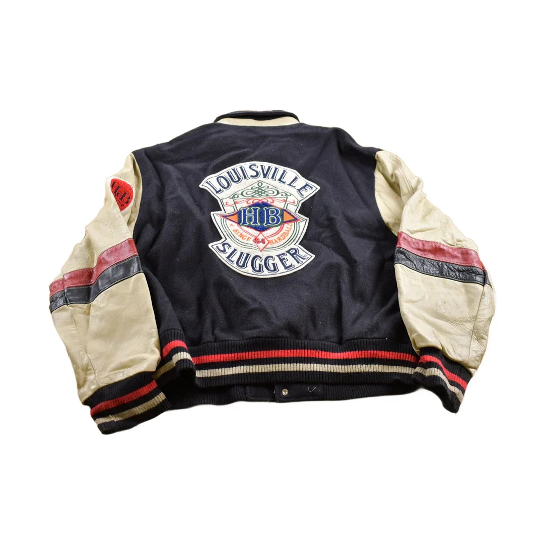 Vintage 1990s Louisville Slugger Baseball Wool With Leather Sleeves Varsity Jacket Cooper Collection Men's XL from propervintagecanada