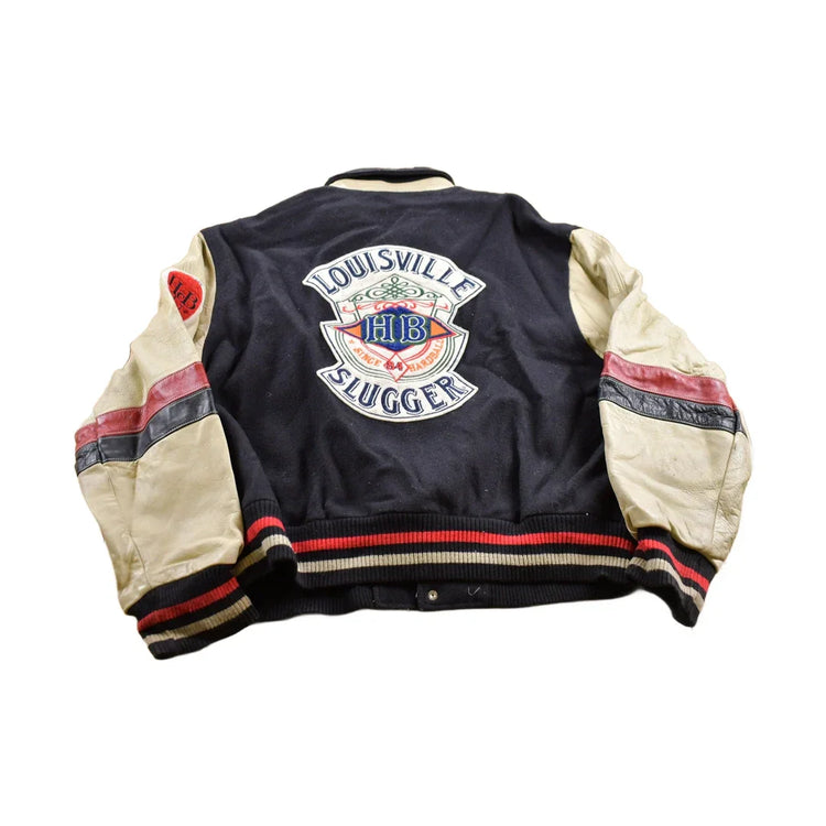 Vintage 1990s Louisville Slugger Baseball Wool With Leather Sleeves Varsity Jacket Cooper Collection Men's XL from propervintagecanada