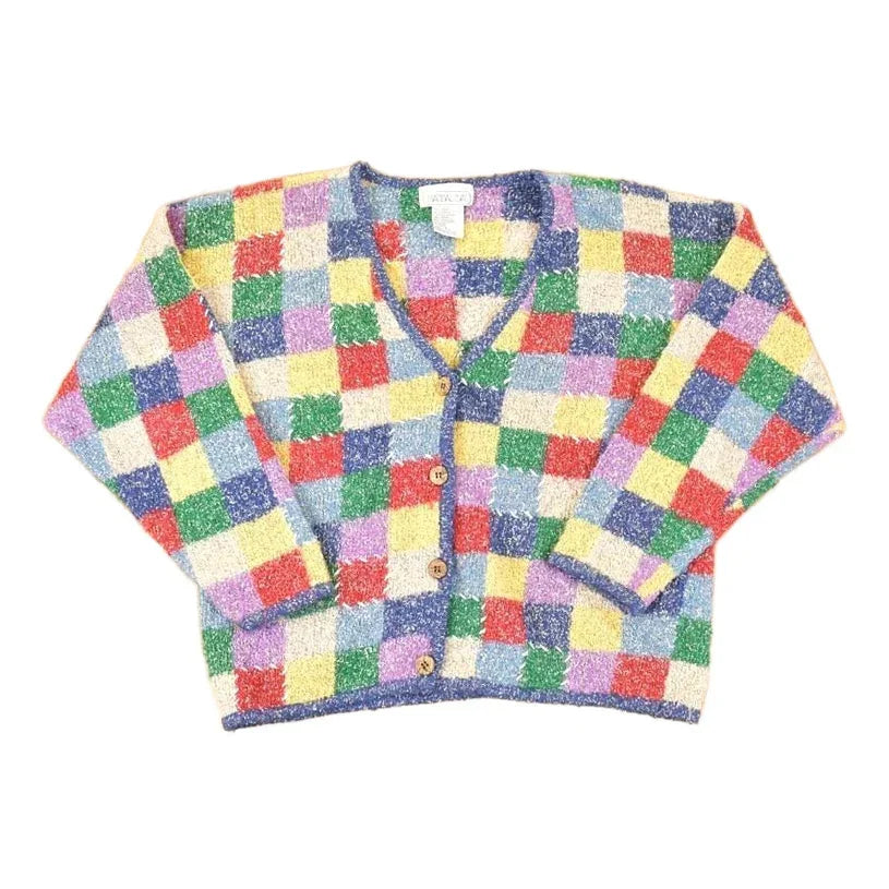 Vintage 1990s Mandal Bay Checkered Abstract Knit Cardigan Sweater Womens L from propervintagecanada
