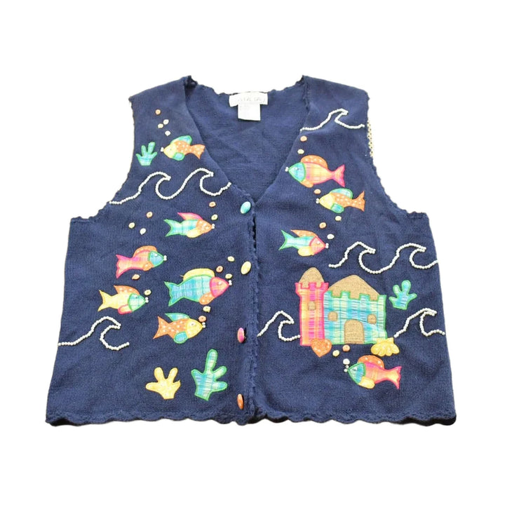 Vintage 1990s Mandal Bay Fish Theme Knit Cardigan Vest Women's from propervintagecanada