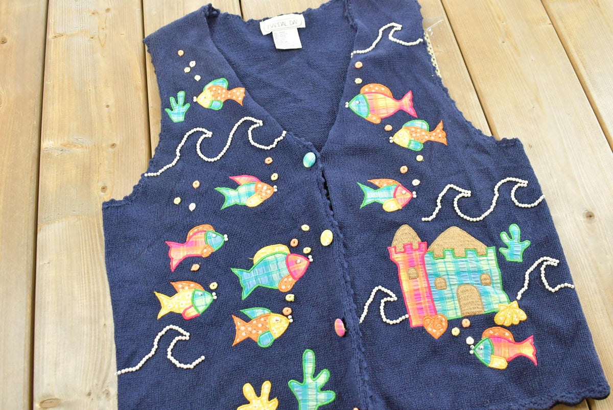 Vintage 1990s Mandal Bay Fish Theme Knit Cardigan Vest Women's from propervintagecanada