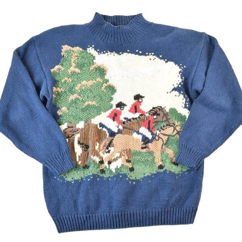 Vintage 1990s Marissa Christina Hand Knit Horse Racing Crewneck Sweater Mens S from propervintagecanada