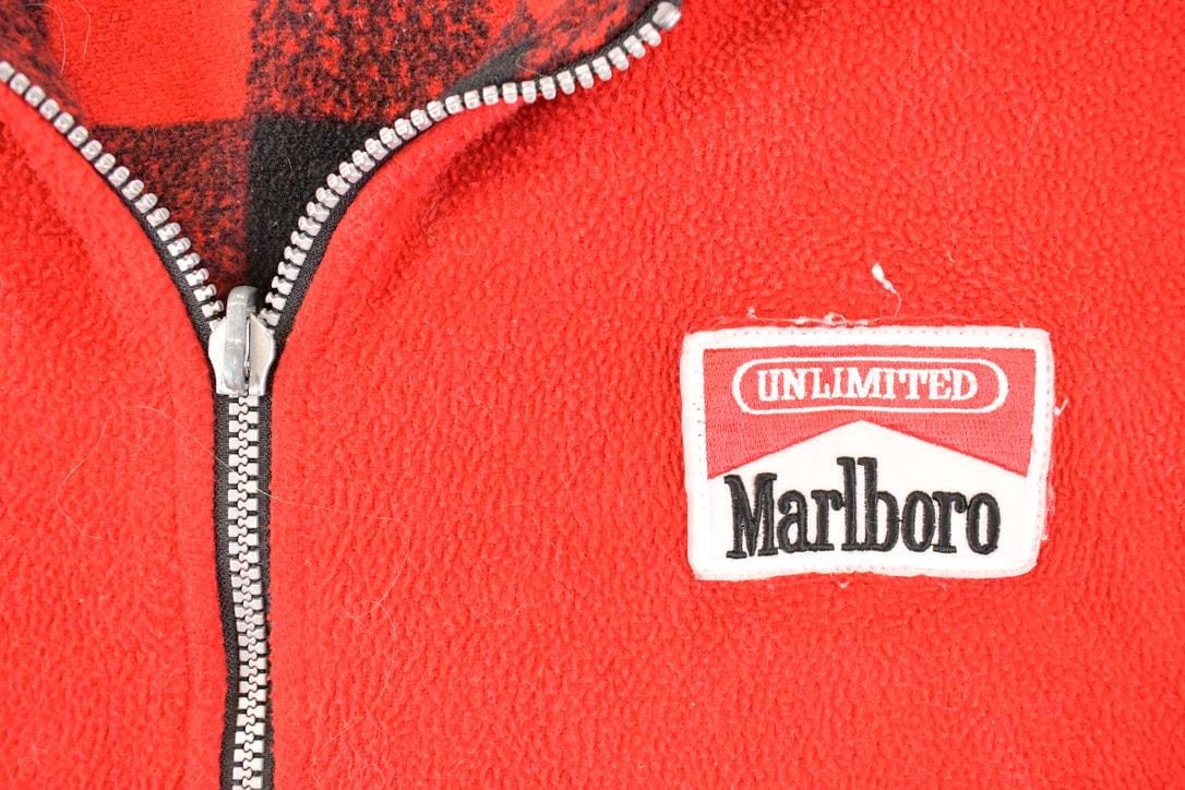 Vintage 1990s Marlboro Unlimited Plaid Collar Quarter Zip Fleece Outdoorsman Sweater Men's XL from propervintagecanada