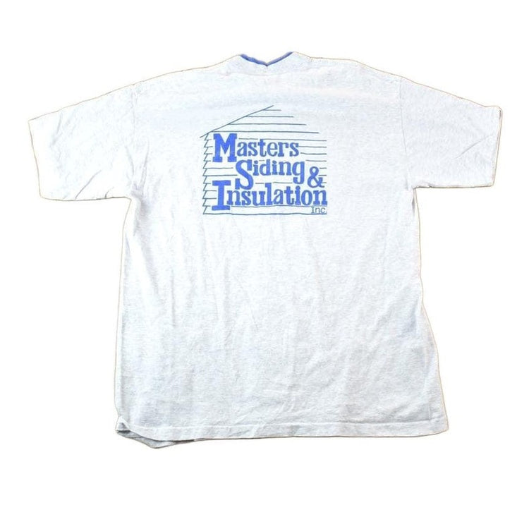 Vintage 1990s Masters Siding And Insulation Souvenir Single Stitch Double Collar Graphic Print T-Shirt Made In Men's XL from propervintagecanada