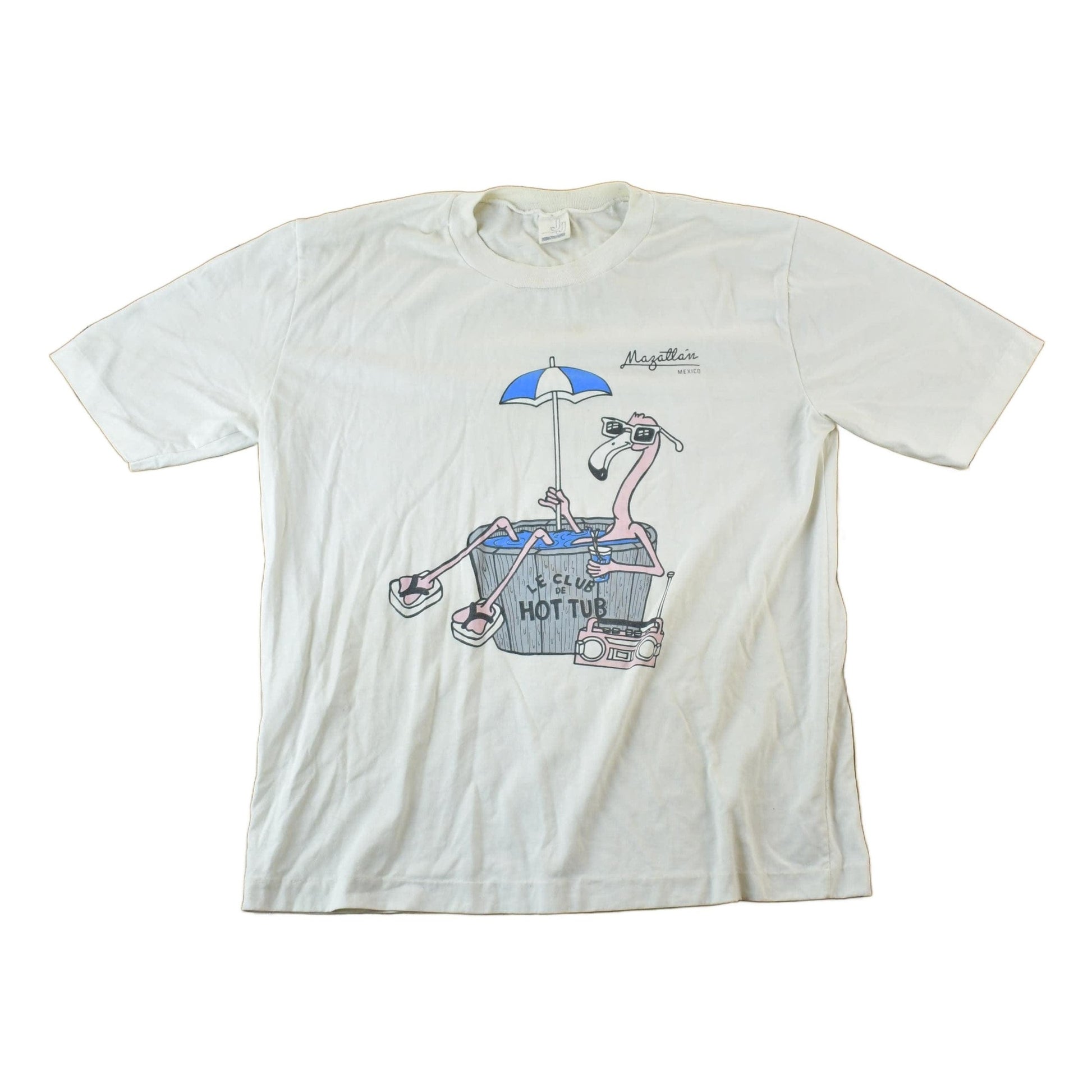 Vintage 1990s Mazatlan Mexico Flamingo Cartoon Souvenir Single Stitch Graphic Print T-Shirt Made In USA Men's Large from propervintagecanada