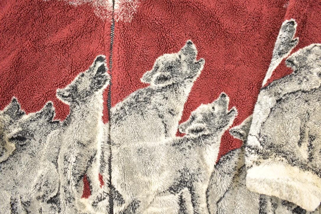 Vintage 1990s Mazmania AOP Howling Wolves Fleece Outdoorsman Sweater Men's XXL from propervintagecanada