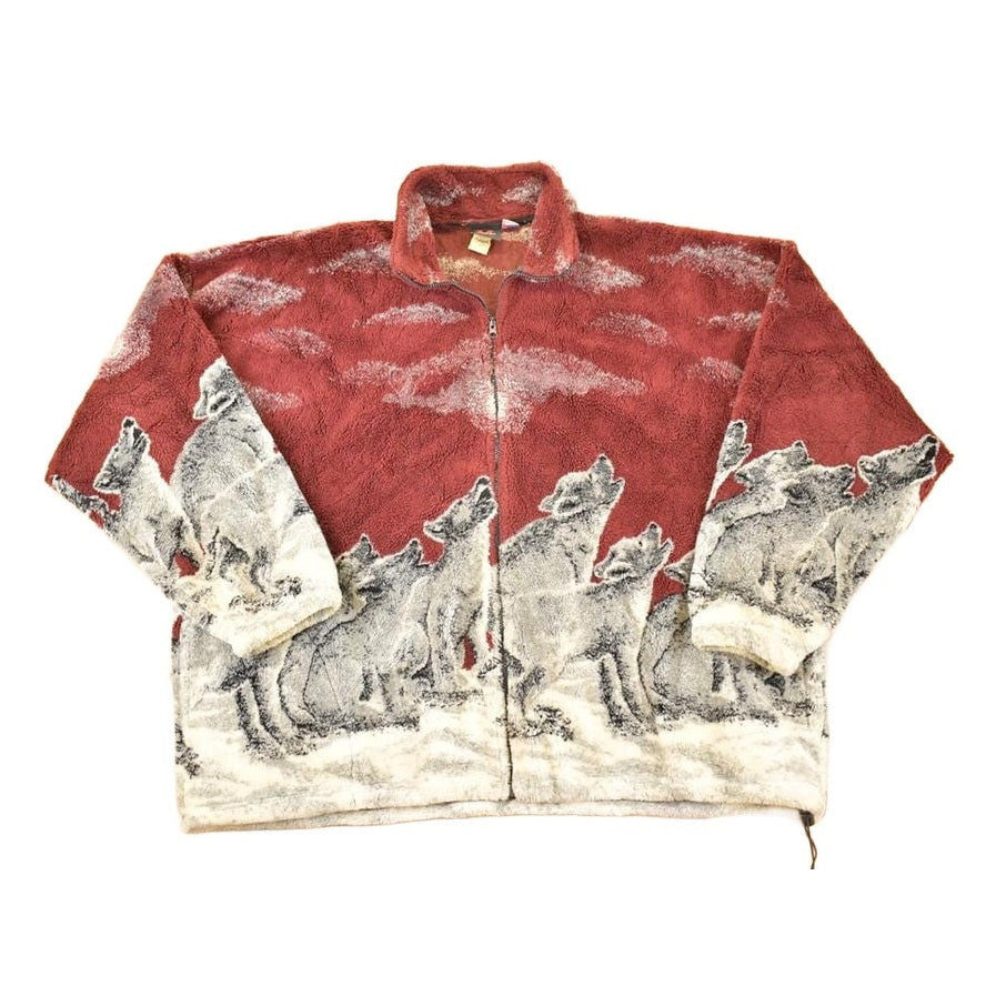 Vintage 1990s Mazmania AOP Howling Wolves Fleece Outdoorsman Sweater Men's XXL from propervintagecanada