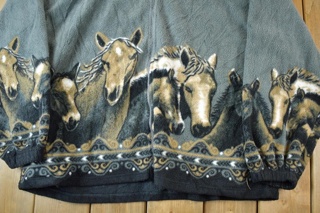 Vintage 1990s Mazmania Wild Horses AOP Fleece Sweater Men's 2XL from propervintagecanada