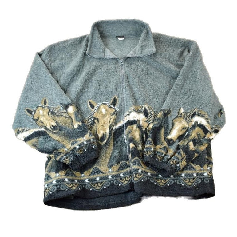 Vintage 1990s Mazmania Wild Horses AOP Fleece Sweater Men's 2XL from propervintagecanada