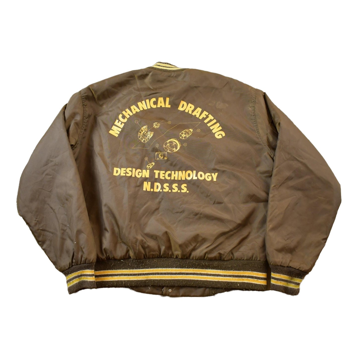 Vintage 1990s Mechanical Drafting Embroidered Snap Button Satin Jacket Men's L from propervintagecanada