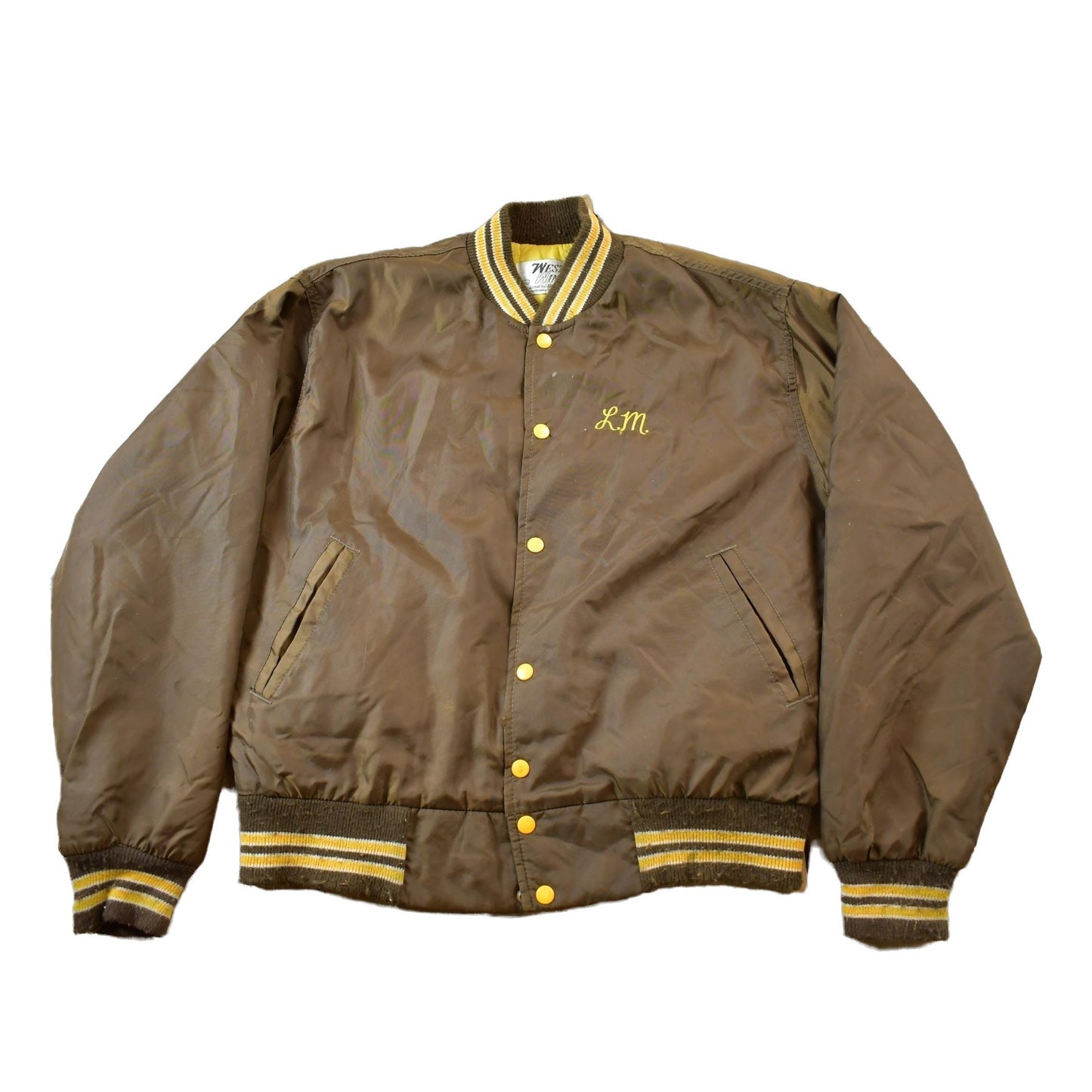 Vintage 1990s Mechanical Drafting Embroidered Snap Button Satin Jacket Men's L from propervintagecanada