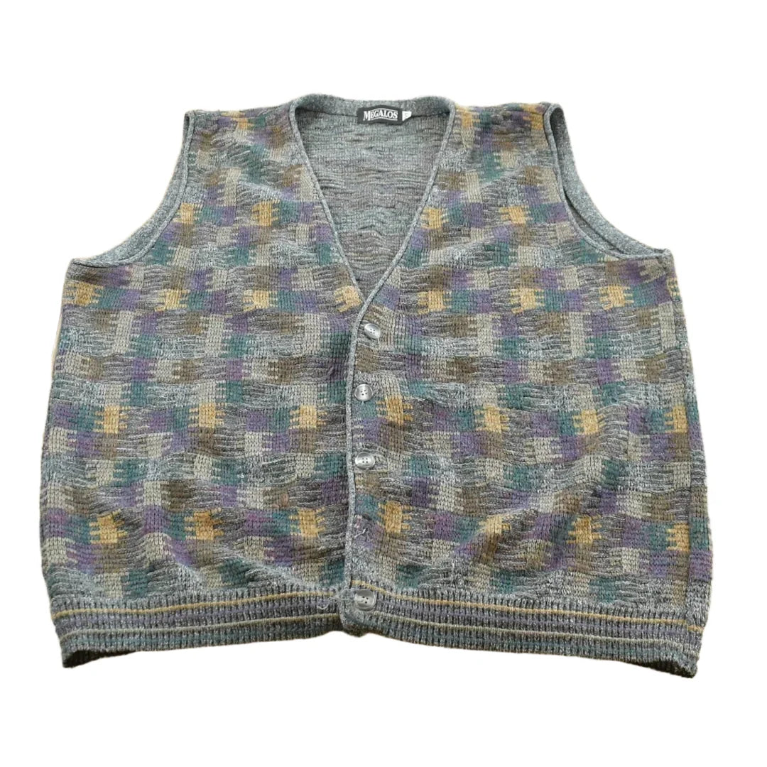 Vintage 1990s Megalos Patterned Knit Button Up Sweater Vest Men's XL from propervintagecanada