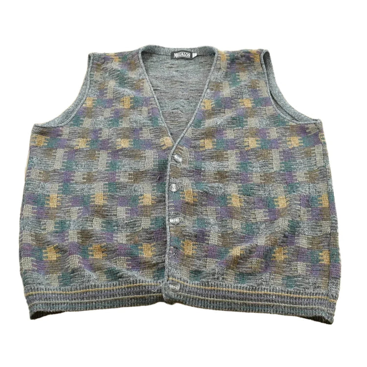 Vintage 1990s Megalos Patterned Knit Button Up Sweater Vest Men's XL from propervintagecanada