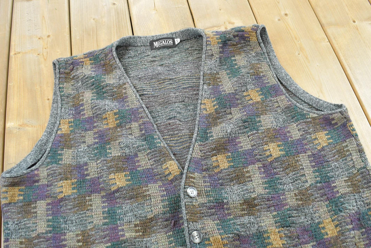 Vintage 1990s Megalos Patterned Knit Button Up Sweater Vest Men's XL from propervintagecanada