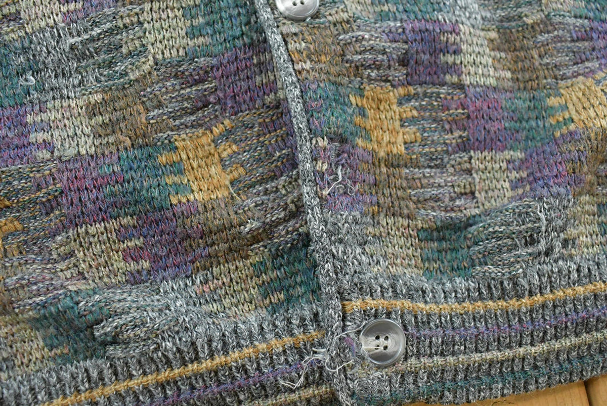 Vintage 1990s Megalos Patterned Knit Button Up Sweater Vest Men's XL from propervintagecanada