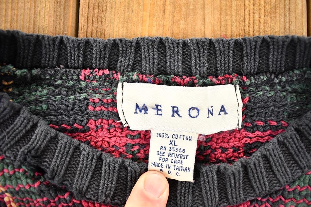 Vintage 1990s Merona Knit Plaid AOP Crewneck Sweater Mens L from propervintagecanada