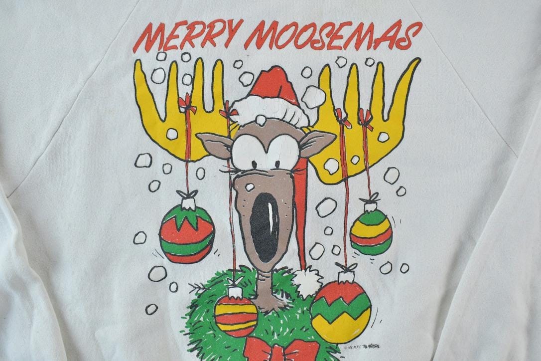 Vintage 1990s Merry Moosement Crewneck Sweatshirt Made In USA from propervintagecanada