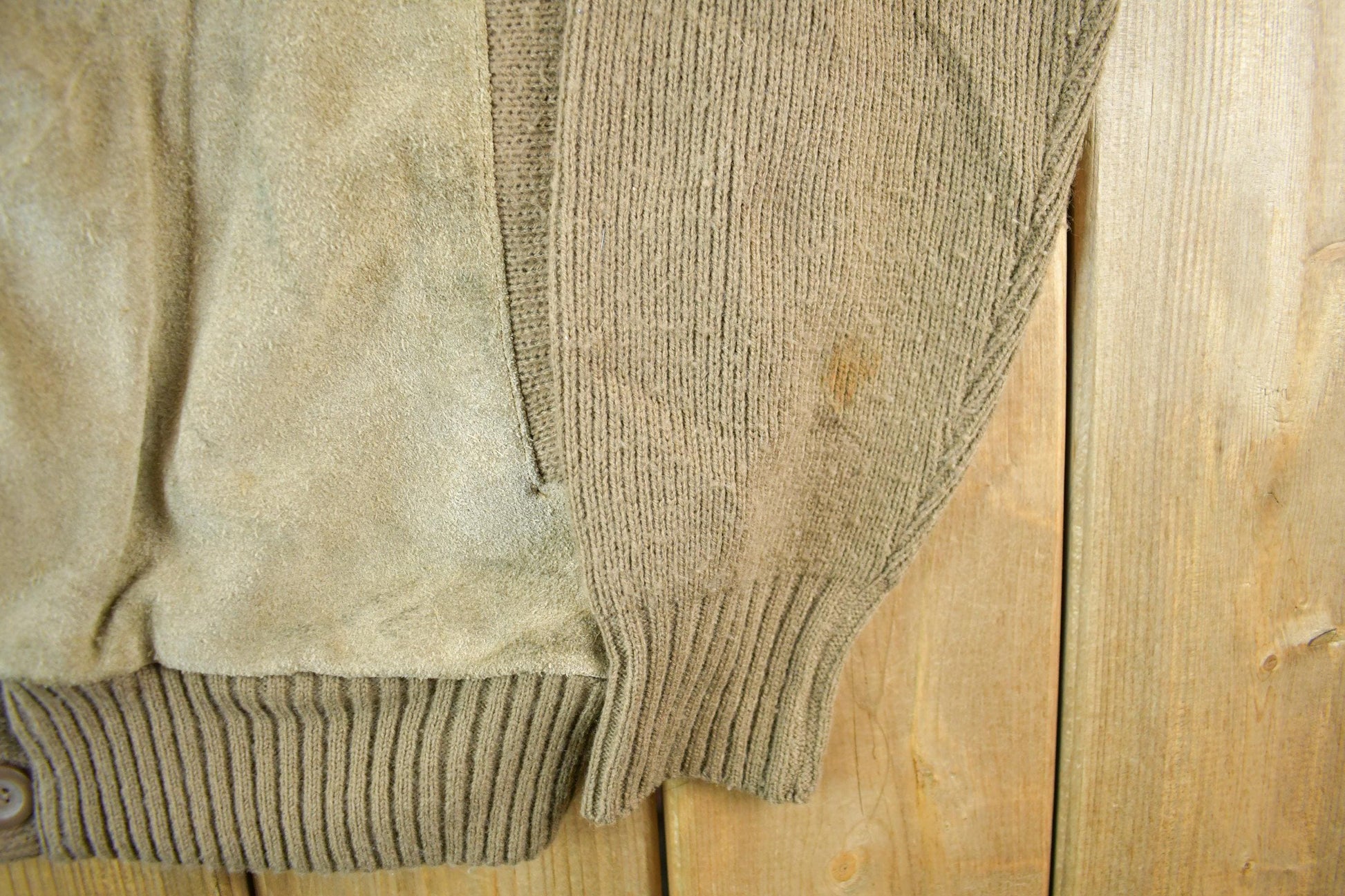 Vintage 1990s Mervyn's Suede Leather Knit Cardigan Sweater Men's Large from propervintagecanada