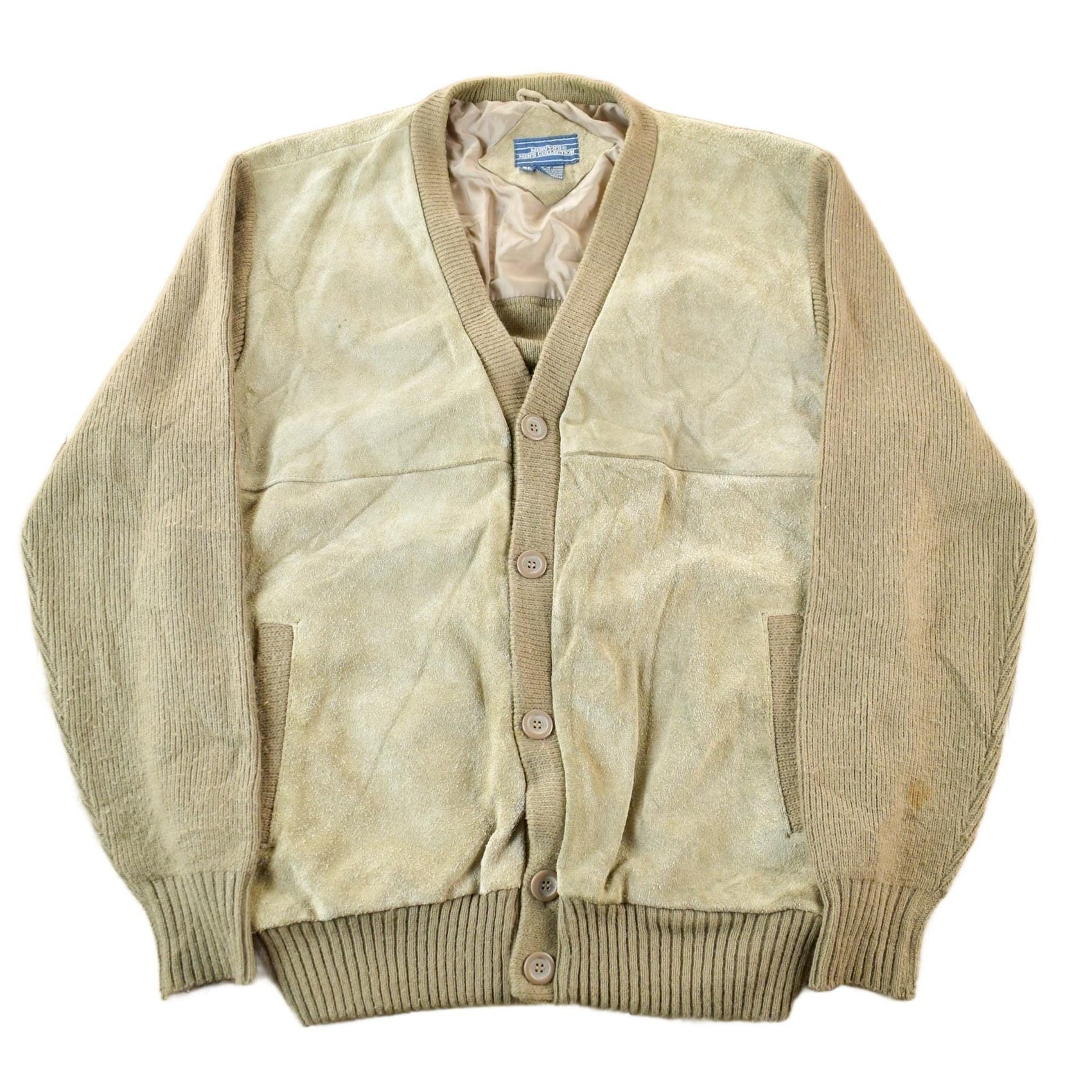 Vintage 1990s Mervyn's Suede Leather Knit Cardigan Sweater Men's Large from propervintagecanada