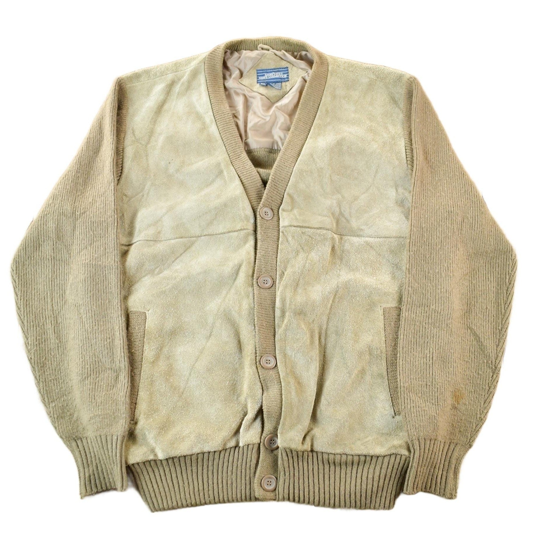 Vintage 1990s Mervyn's Suede Leather Knit Cardigan Sweater Men's Large from propervintagecanada