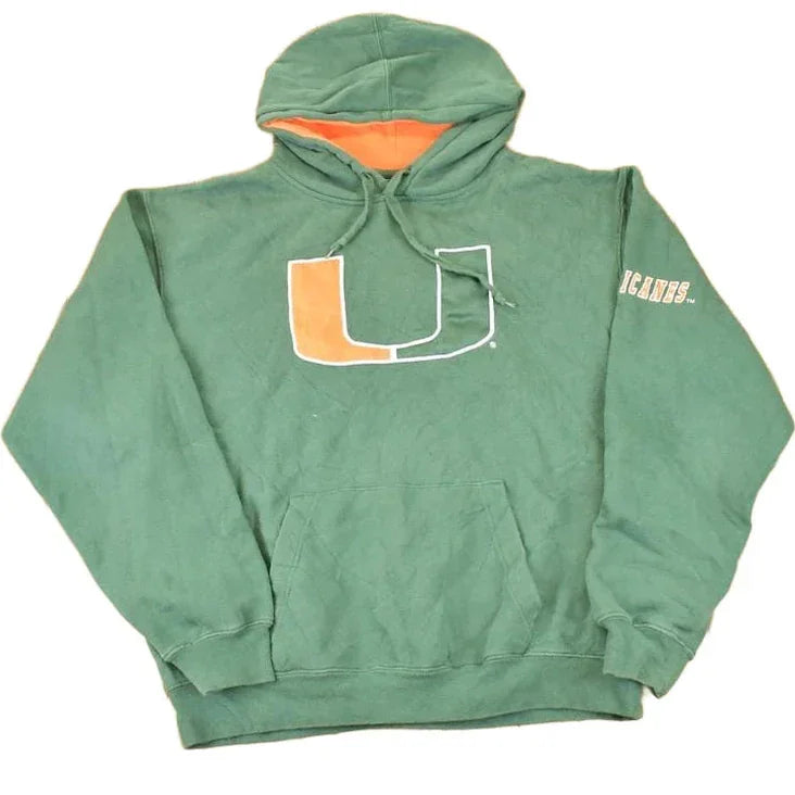 Vintage 1990s Miami Hurricanes Embroidered University Hoodie Sweater Mens L from propervintagecanada