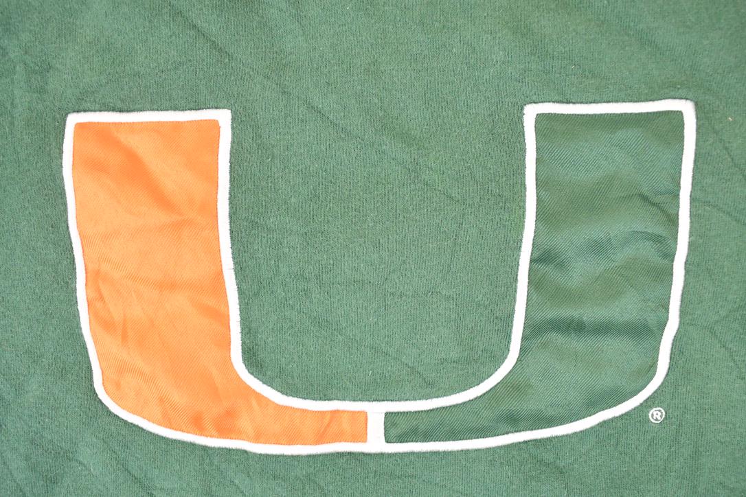 Vintage 1990s Miami Hurricanes Embroidered University Hoodie Sweater Mens L from propervintagecanada