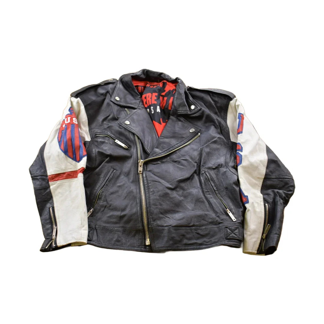 Vintage 1990s Michael Hoban USA American Flag Leather Biker Jacket Men's Medium from propervintagecanada