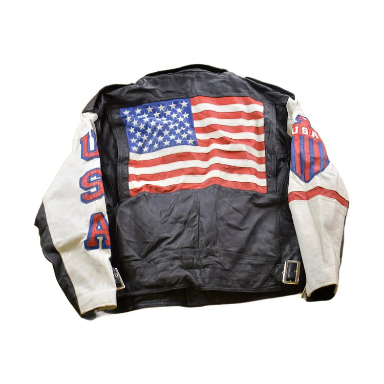 Vintage 1990s Michael Hoban USA American Flag Leather Biker Jacket Men's Medium from propervintagecanada