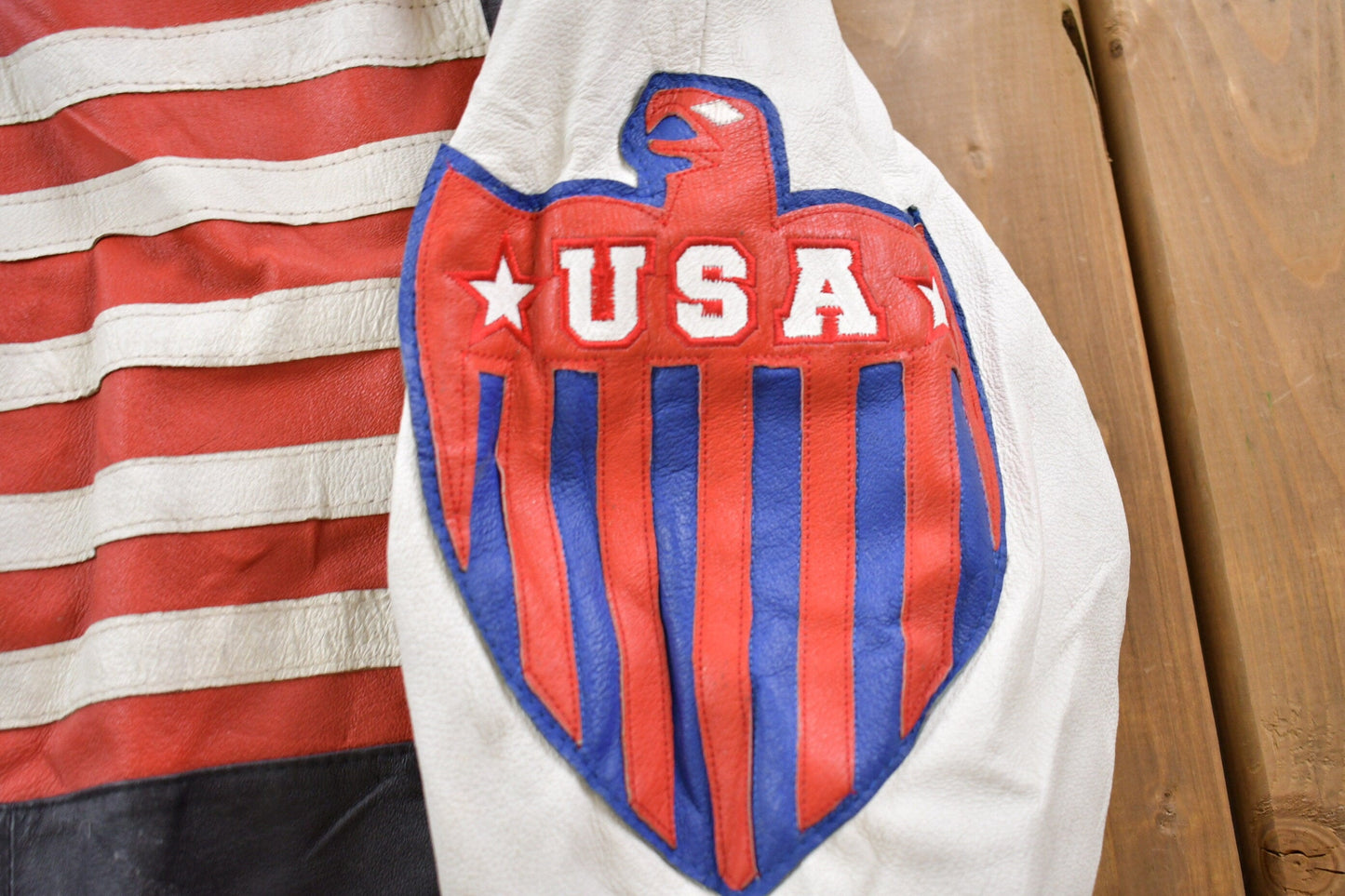 Vintage 1990s Michael Hoban USA American Flag Leather Biker Jacket Men's Medium from propervintagecanada