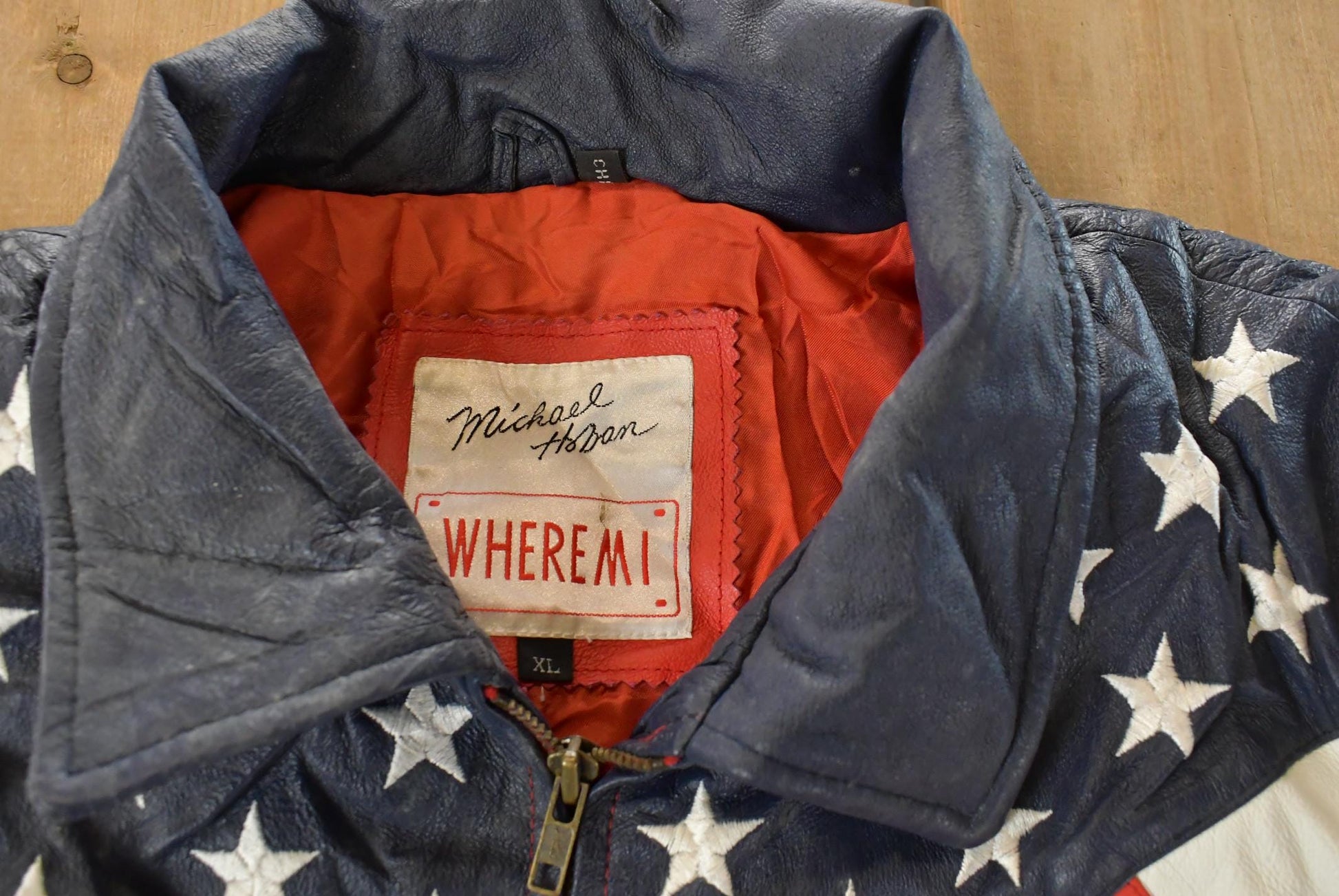 Vintage 1990s Michael Hoban Wheremi American Flag USA Leather Jacket Men's XL / Leather Coat / Streetwear Fashion / Patriotic from propervintagecanada