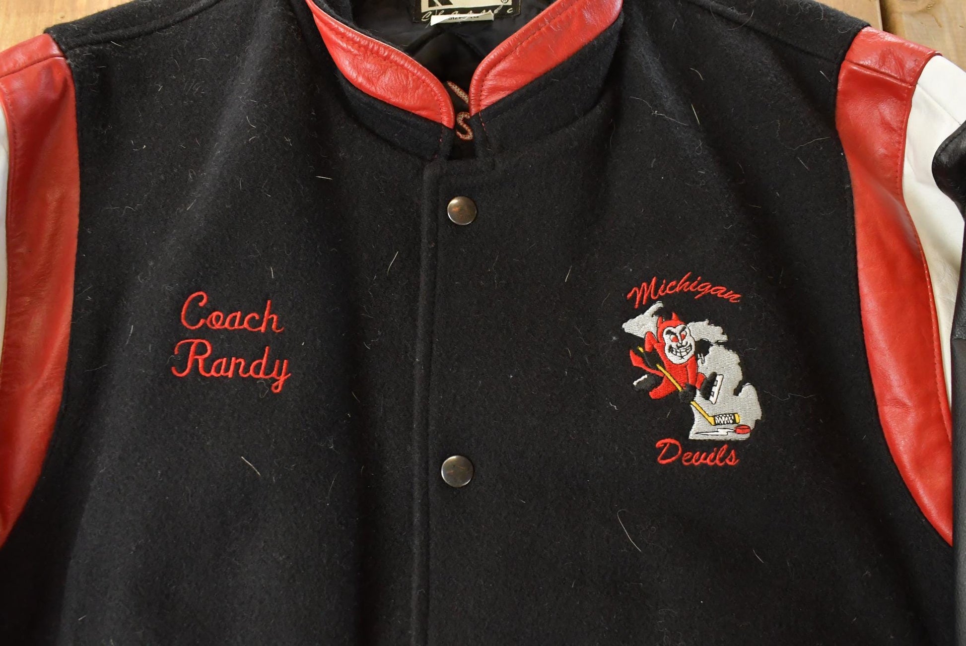 Vintage 1990s Michigan Devils Hockey Wool Leather Varsity Jacket Men's XL from propervintagecanada