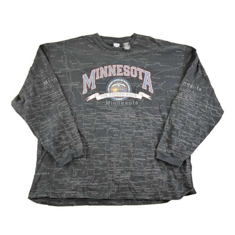 Vintage 1990s Minnesota State Map AOP Souvenir Crewneck Shirt Men's XXL from propervintagecanada
