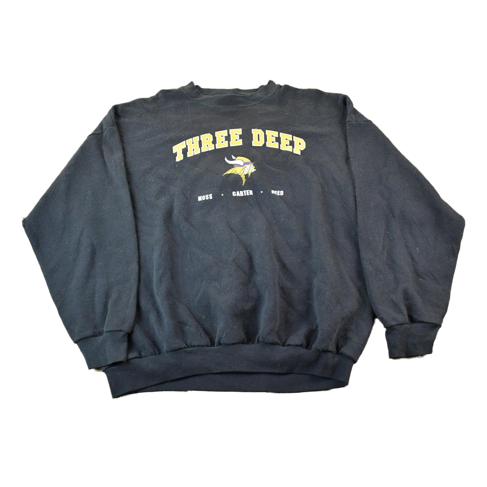 Vintage 1990s Minnesota Viking NFL Three Deep Graphic Crewneck Sweatshirt Men's XL from propervintagecanada