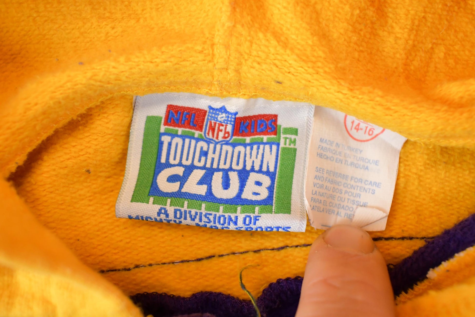 Vintage 1990s Minnesota Vikings NFL Kids Touchdown Club Hoodie Sweatshirt Youth L from propervintagecanada