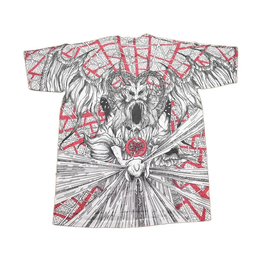 Vintage 1990s Morbid Rags Demon Graphic All Over Print T-Shirt Men's Large from propervintagecanada