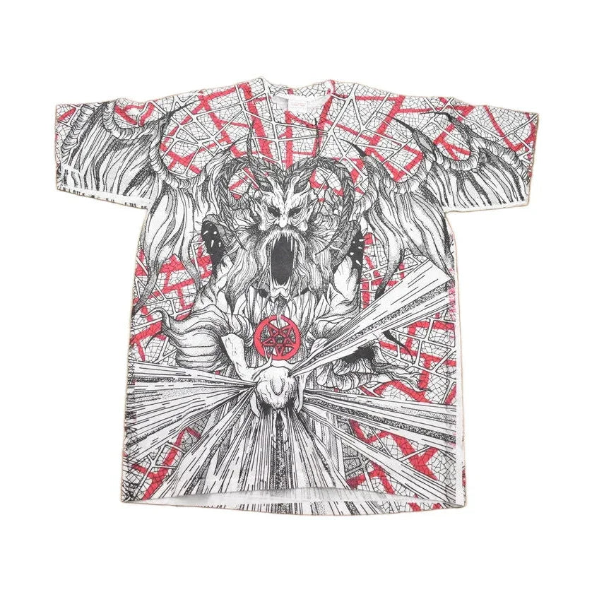 Vintage 1990s Morbid Rags Demon Graphic All Over Print T-Shirt Men's Large from propervintagecanada