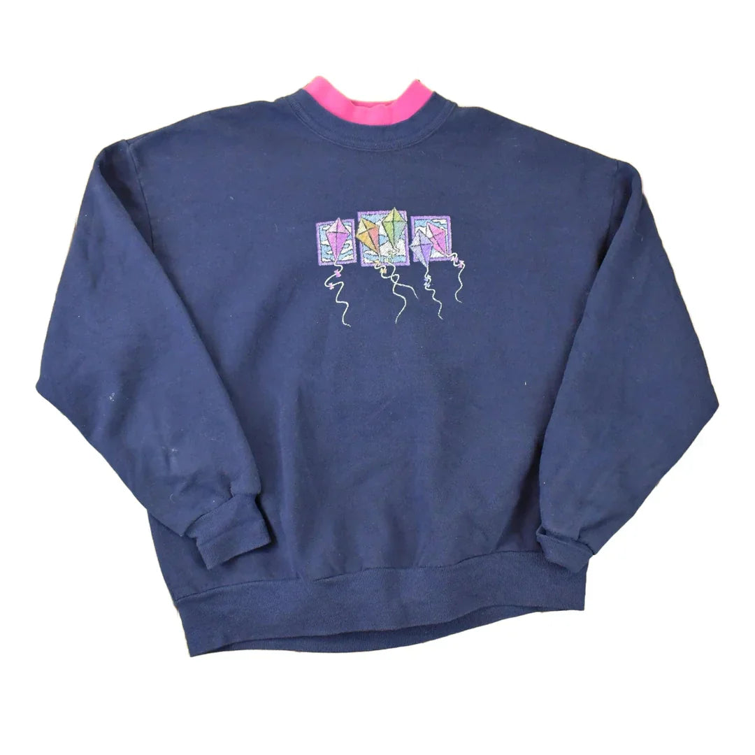 Vintage 1990s Morning Sun Cute Kite Double Collar Embroidered Crewneck Sweatshirt Women's XL from propervintagecanada