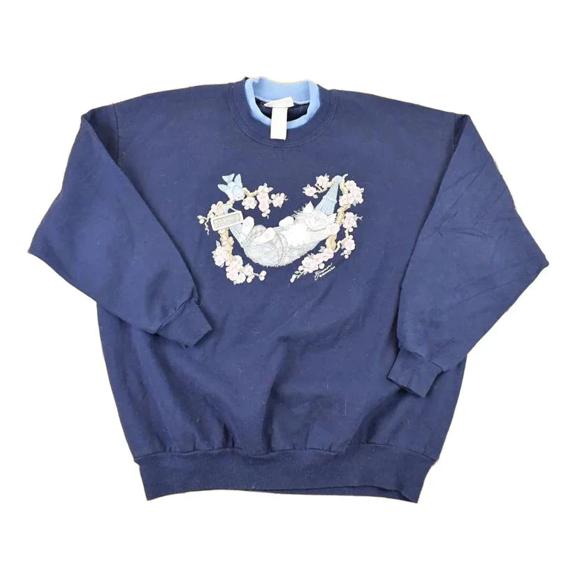 Vintage 1990s Morning Sun Cute Sleeping Kitty Graphic Print Double Collar Crewneck Sweatshirt Womens XXL from propervintagecanada