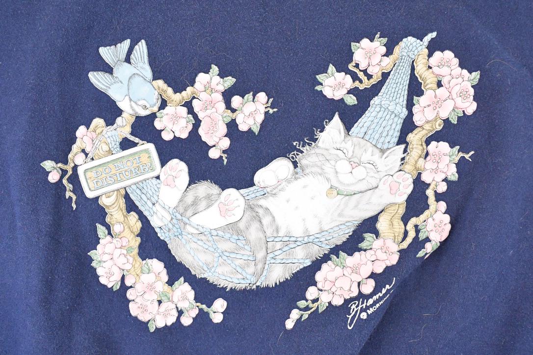 Vintage 1990s Morning Sun Cute Sleeping Kitty Graphic Print Double Collar Crewneck Sweatshirt Womens XXL from propervintagecanada