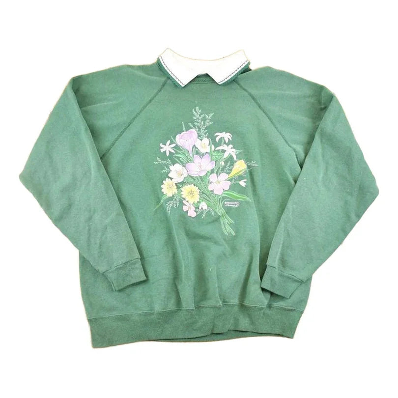 Vintage 1990s Morning Sun Flower Bunches Collared Sweatshirt Women's L / Made In USA / 90's Tourist Vacation Graphic Sweater from propervintagecanada