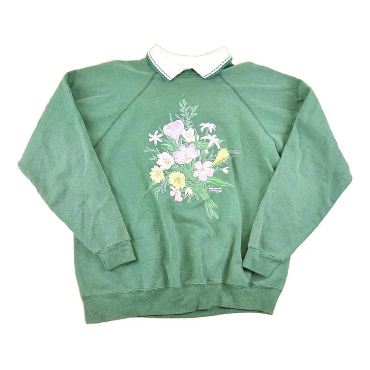 Vintage 1990s Morning Sun Flower Bunches Collared Sweatshirt Women's L / Made In USA / 90's Tourist Vacation Graphic Sweater from propervintagecanada