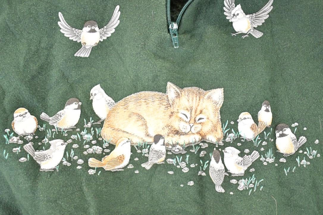 Vintage 1990s Morning Sun Sleeping Kitty Cat Quarter Zip Collared Crewneck Sweatshirt Women's L from propervintagecanada