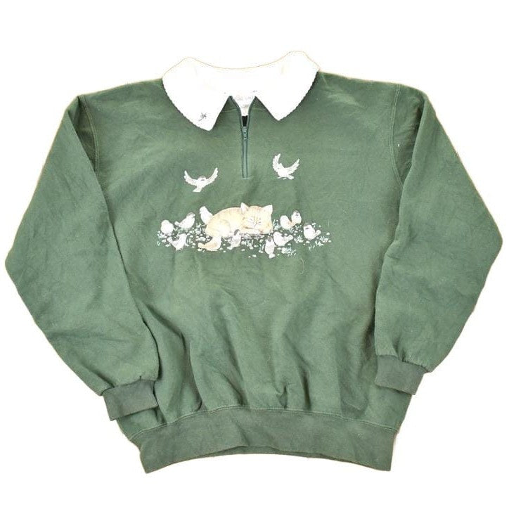 Vintage 1990s Morning Sun Sleeping Kitty Cat Quarter Zip Collared Crewneck Sweatshirt Women's L from propervintagecanada