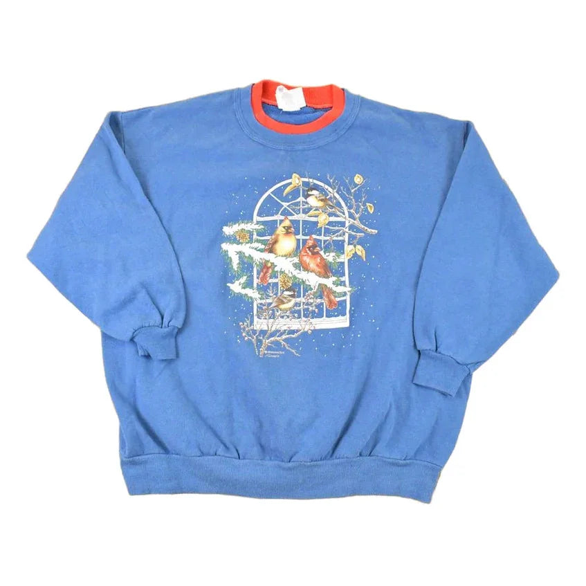 Vintage 1990s Morning Sun Winter Cardinals Graphic Print Double Collar Crewneck Sweatshirt Womens XXL from propervintagecanada