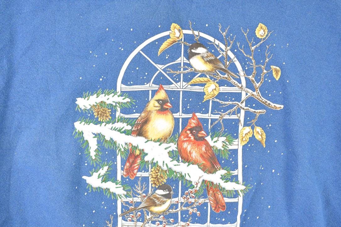 Vintage 1990s Morning Sun Winter Cardinals Graphic Print Double Collar Crewneck Sweatshirt Womens XXL from propervintagecanada
