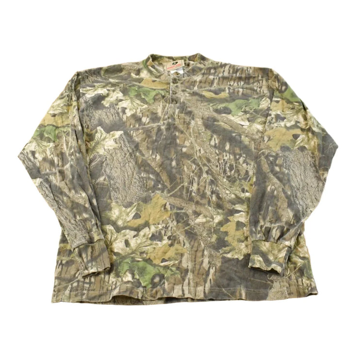 Vintage 1990s Mossy Oak Breakup Camo Collared Long Sleeve T-Shirt Men's L from propervintagecanada